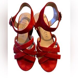 Sole Society Red Suede Strappy Sandals Stacked Block Heel Ankle Strap Size 8.5